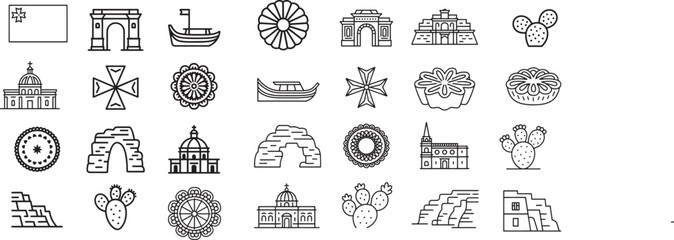 Authentic Maltese Culture and Mediterranean Symbols Outline Line Icons Set