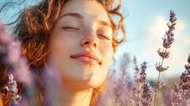 A young woman with curly hair, wearing a white top, standing in a field of lavender, with her eyes closed and a serene expression on her face.
