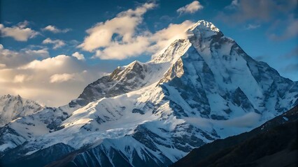 Majestic snowcapped mountain peak at sunrise