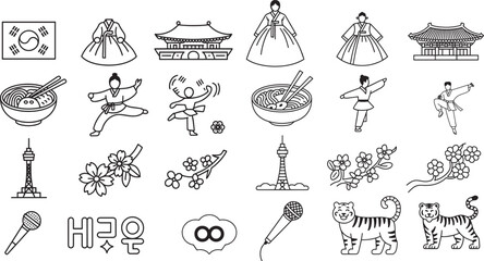 Vibrant South Korean Culture and Modern Landmarks Outline Line Icons Set