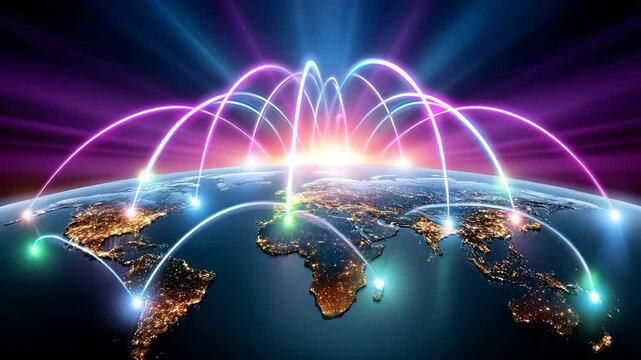 A vibrant representation of global connectivity, showcasing interlinked locations around the world with colorful digital pathways.