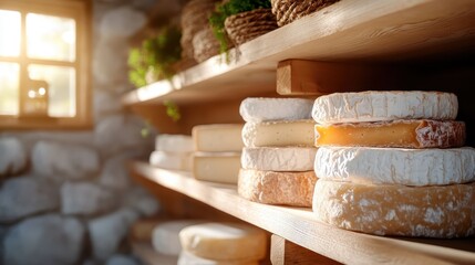 A charming display of assorted artisanal cheeses on wooden shelves, showcasing the craftsmanship and variety of cheeses in a rustic setting, perfect for connoisseurs.
