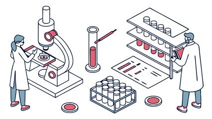 Isometric illustration of scientists working in a lab with microscope and test tubes and other equipment