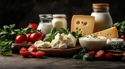 A vibrant collection of fresh ingredients including tomatoes, cheeses, and herbs, beautifully displayed, ready to inspire chefs and home cooks in creating delicious meals.