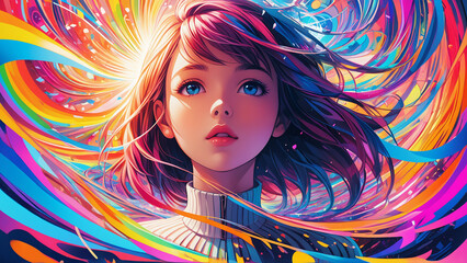 Generated digital art illustration of a girl floating in a surreal dream-like abstract realm of vibrant colors.