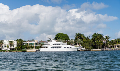 Luxury boat motor yacht at sea. Yachting boat tourism. Luxury lifestyle. Vacation on summer. Yacht at sea. Motorboat yacht sailing at sea. Charter motorboat