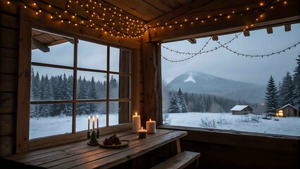 Cozy cabin winter scene with candles and mountain view