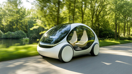 Futuristic electric vehicle driving through scenic forest landscape