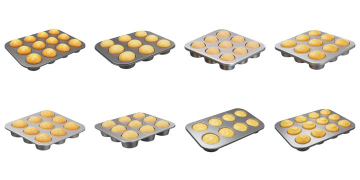 Muffin Tray: An overhead view of eight metal muffin trays filled with round dough batter in various stages of baking. Capture the image that make a lot of emotion like happiness and appetite.