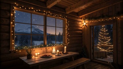 Cozy cabin christmas eve dinner with mountain view