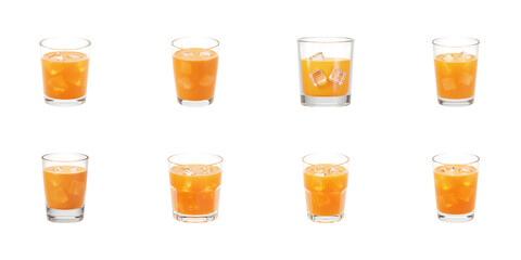 Orange Delight: A captivating composition features an array of vibrant glasses filled with a refreshing orange liquid, complemented by glistening ice cubes.