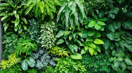 A vibrant green wall adorned with various tropical plants and ferns, creating a lush and natural environment.