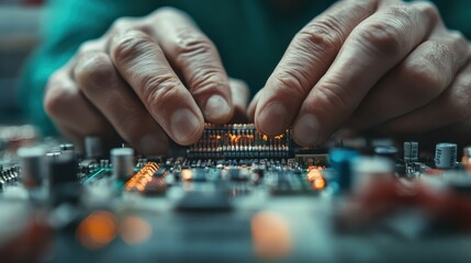 Fototapeta premium Close-up of skilled hands assembling a circuit board, showcasing glowing lights and technical components, representing the intricacies of electronics and innovation in technology.