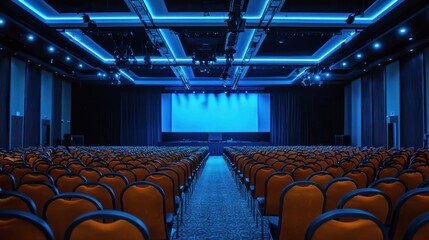Fototapeta premium A spacious conference hall with rows of empty orange chairs and a blue screen in the center, illuminated by blue lighting.