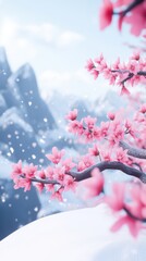 Naklejka premium Blossom in the Winter Scene: Cherry blossom branches bloom against a backdrop of snow-capped mountains. Soft focus captures the contrast of delicate beauty amid a stark, frosty landscape. 