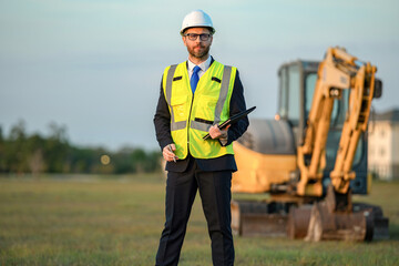 Supervisor engineer at the object. Construction site. Man architect. Engineer manager man conduct inspection. Engineering inspection supervisor. Inspection by building supervisor. Project details