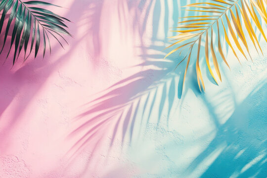 Cololful palm leaf on pastel wall abstract background. Summer vacation concept. Generative ai.