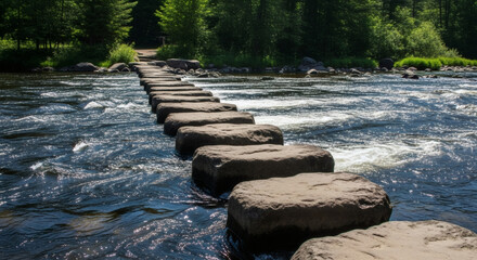 A series of stepping stones crossing a turbulent river, symbolizing perseverance and steady progress through challenges toward a hopeful bright horizon