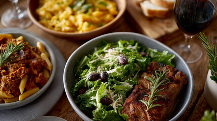 Shared meal and joyful connection among multicultural group at cozy, festive dinner setting, communal dining, multicultural, top view food, family dinner, togetherness, celebration, hands sharing