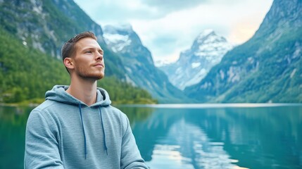 Fototapeta premium Serene Reflection by the Lake: A contemplative individual gazes up towards the scenic beauty of a serene lake surrounded by towering mountains.