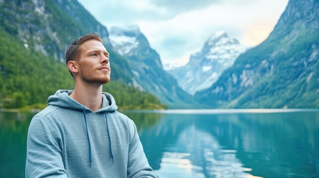 Serene Reflection by the Lake: A contemplative individual gazes up towards the scenic beauty of a serene lake surrounded by towering mountains.