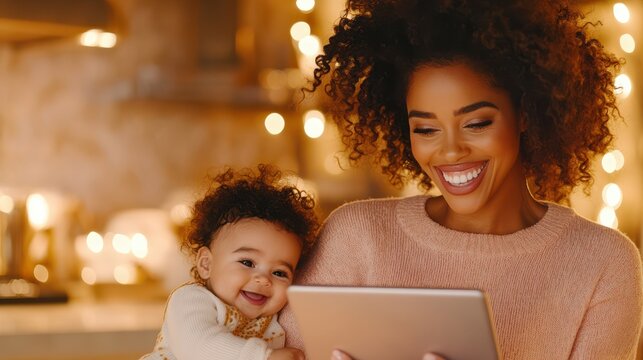 Family Time with Digital Devices: A young mother and her baby find joy and connection through a tablet, their faces illuminated with delight, creating a warm and intimate scene.