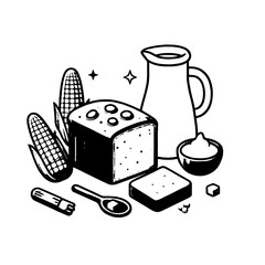 An illustration depicts a gathering of food items corn bread a spoon butter and milk