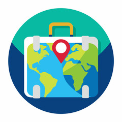 Travel bag logo with map isolated on white background, modern illustration representing tourism, adventure, journey planning, vacation, exploration, and travel branding.