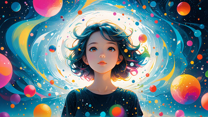 Generated digital art illustration of a girl floating in a surreal dream-like abstract realm of vibrant colors.