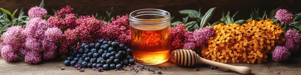 Honey, blueberries, and wildflowers on wood