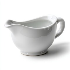 Elegant white ceramic gravy boat on white background for culinary and tableware concepts