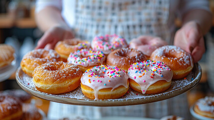 Baker holding tray of fresh donuts in bakery with more in background