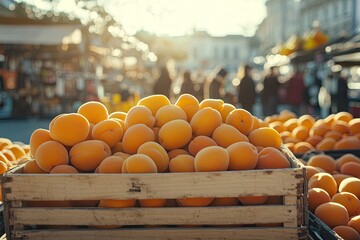A box of ripe apricots displayed at a market, celebrating National Apricot Day with a sunny backdrop. 