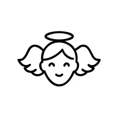 Black Line Art Smiling Angel Halo Wings Happy Face Cute Character Handmade Muertos Design Element