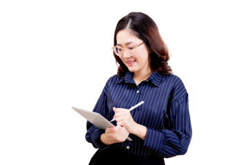 Asian young beautiful woman wearing glasses and a blue striped shirt is smiling while using a tablet with a stylus pen.