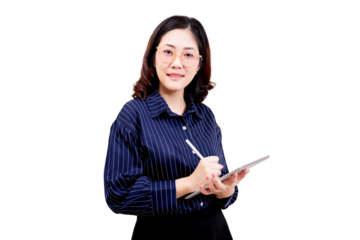 Asian young beautiful woman with glasses wearing a striped shirt is holding and writing on a tablet with a stylus.