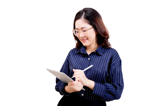 Asian young beautiful woman wearing glasses and a blue striped shirt is smiling while using a tablet with a stylus pen.