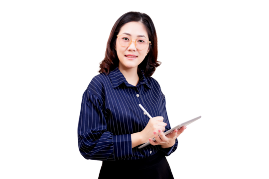 Asian young beautiful woman with glasses wearing a striped shirt is holding and writing on a tablet with a stylus.