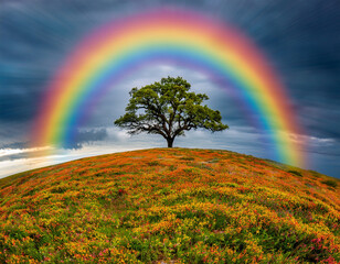Beautiful Hillscape With Vibrant Rainbow and Colorful Wildflowers Under Moody Skies