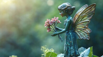 A bronze statue of a fairy holding a bouquet of pink flowers in a garden setting.