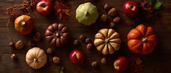 The colorful assortment of autumn fruits and vegetables on rustic wooden table.
