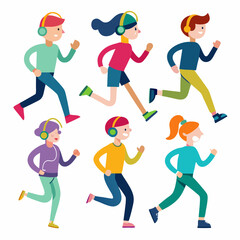 Person jogging with headphones isolated on white background, realistic illustration representing fitness, exercise, running, healthy lifestyle, outdoor activity, and sports.