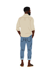 Vector illustration of African American man in casual clothes, viewed from behind. Wearing beige shirt, rolled-up jeans, and sandals. Isolated on transparent background. Stylish, relaxed look