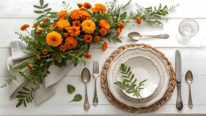 Rustic autumn table setting with orange flowers