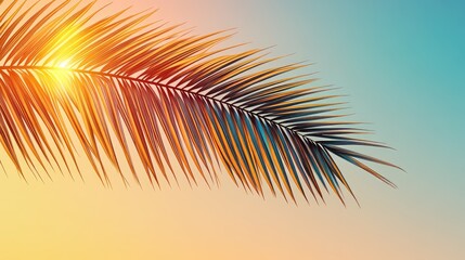 A vibrant palm leaf against a sunset sky.