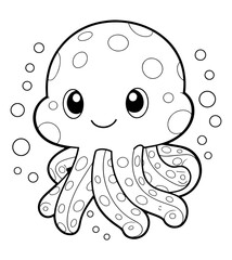 An octopus cartoon with big eyes and round spots on its head and tentacles is surrounded by bubbles