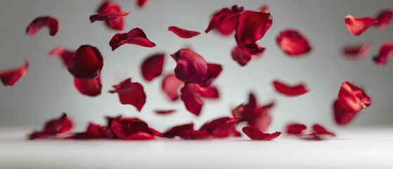 Obraz premium The graceful fall of vibrant red rose petals in a soft display.