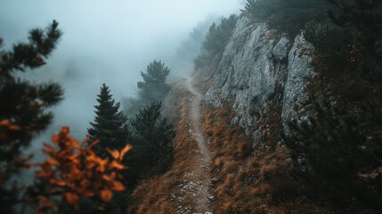 Serene Misty Mountain Pathway Surrounded by Fog and Lush Evergreen Pine Trees on a Gloomy Day in a Nature-Filled Landscape