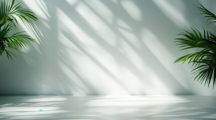 The interplay of light and shadows on a smooth wall, framed by leafy plants, forms abstract patterns that evoke tranquility and relaxation in a serene setting.
