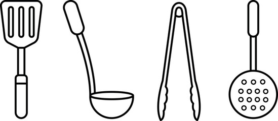 Illustration of Kitchen Utensils Including Ladle, Spatula, Tongs, and Skimmer.
